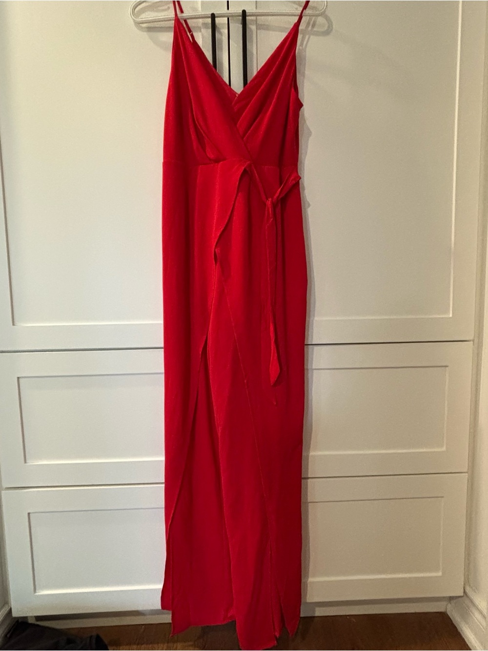 Red Spaghetti-Strap Wrap Maxi jump suit but looks like Dress